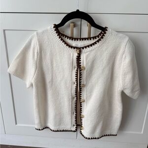 Cream Short-Sleeve Cardigan with Brown Trim
